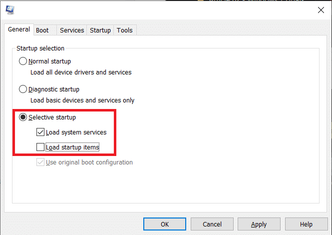 Under the General tab, enable Selective startup by clicking on the radio button next to it | Fix Error 0X80010108 In Windows 10