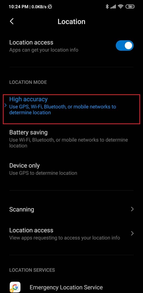 Under the Location mode tab, select the High accuracy option