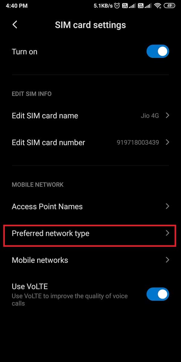 Under the Mobile network, locate the preferred network type or network section. 