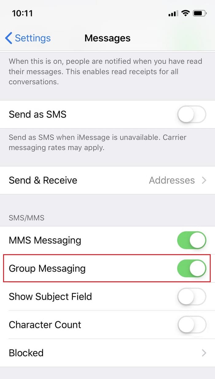 Under the SMSMMS section, toggle the Group Messaging option ON