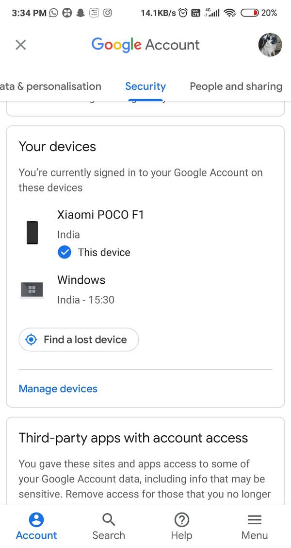Under the Security section, click on the Manage devices button, down the ‘Your devices’
