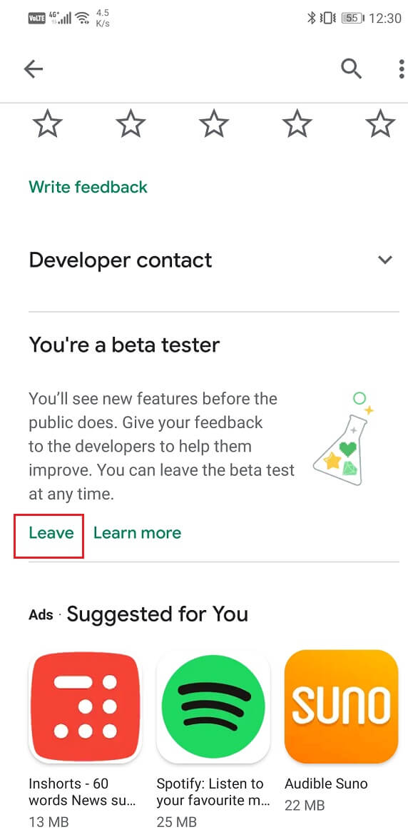 Under the “You’re a beta tester” section, you will find the Leave option. Tap on it