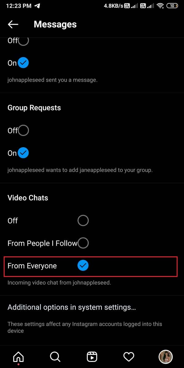 Wählen Sie unter „Video-Chats“ die Option „Alle“ | aus Behebung, dass Instagram-Videoanrufe nicht funktionieren