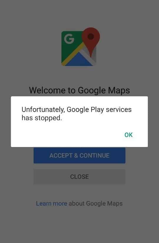 Unfortunately Google Play Services Has Stopped Working Error