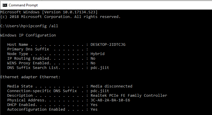 cmd တွင် ipconfig /all command ကိုသုံးပါ။