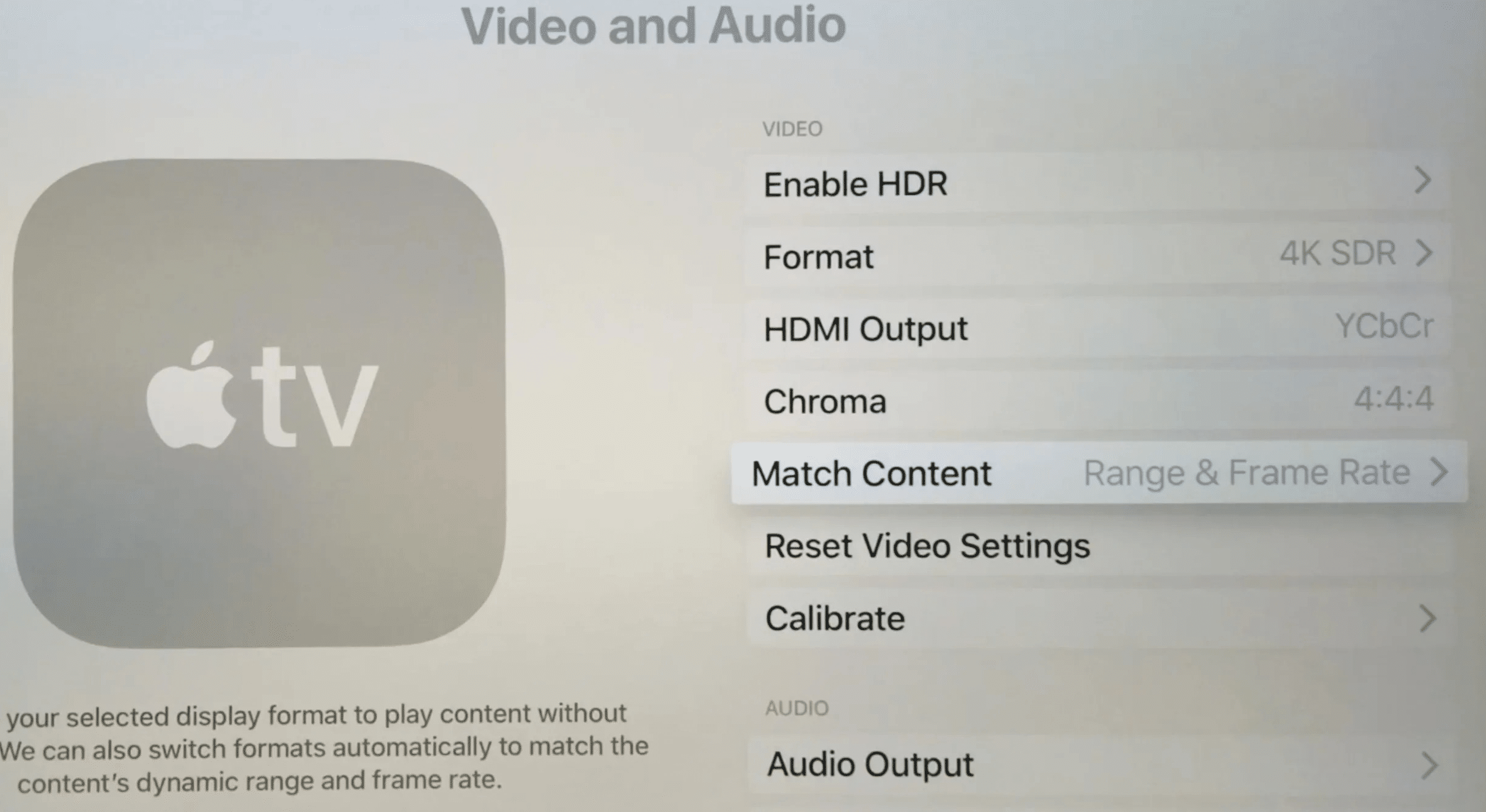 Video and sound settings Apple TV