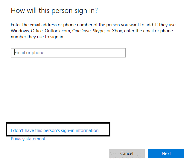 When Windows Prompts then Click on I don’t have this person’s sign in information option