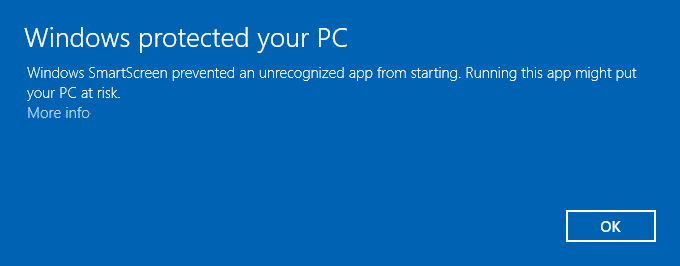 Windows SmartScreen prevented an unrecognized app from starting. Running this app might put your PC at risk