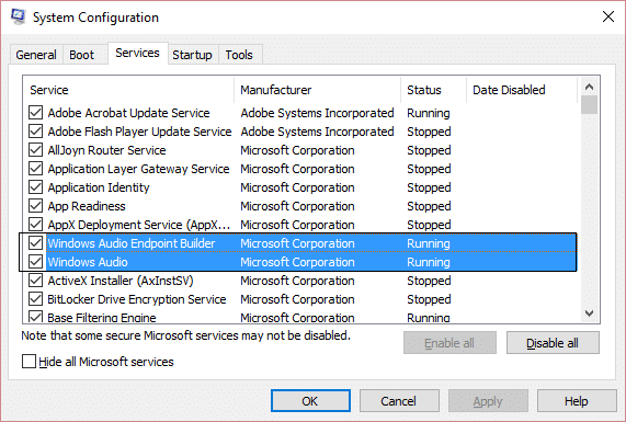 Windows audio และ windows audio endpoint msconfig ทำงานอยู่