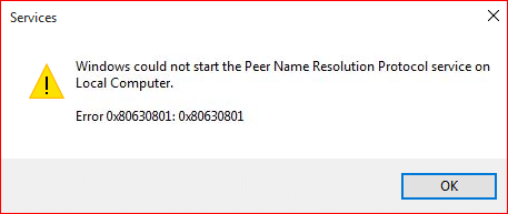 Windows could not start the Peer Name Resolution Protocol service on Local Computer with error code 0x80630801