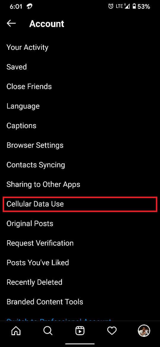 Within the account options, navigate to the setting reading ‘Cellular Data Use’.