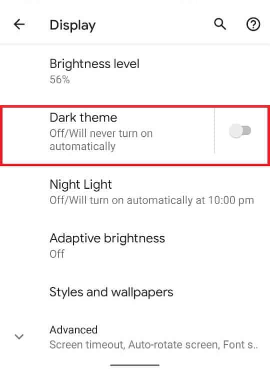 Within the ‘Display’ menu, toggle on the switch named ‘Dark theme’
