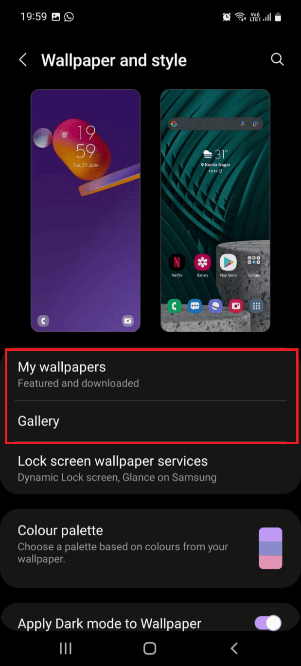 You can either choose your own photos from Gallery or choose existing wallpapers by tapping on My wallpapers