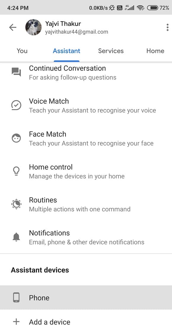 You will find the Assistant devices section, then navigate your device
