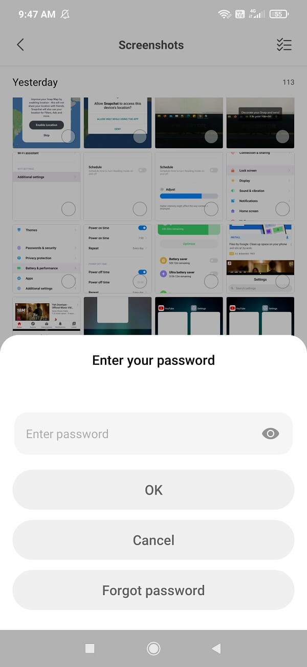 You will get a prompt to enter your account password in order to hide files or photos