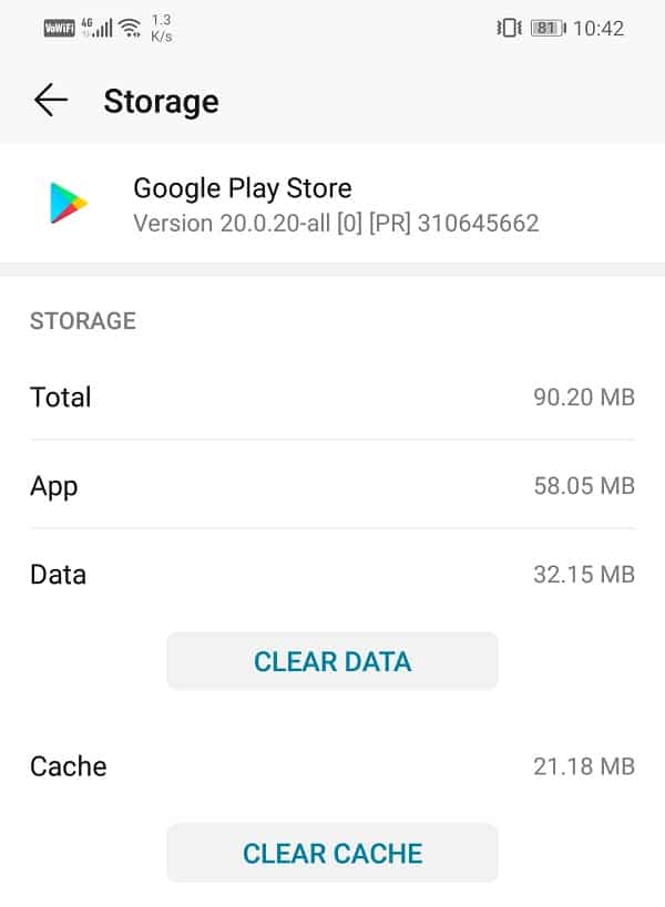You will now see the options to clear data and clear cache | Fix Transaction cannot be completed in Google Play Store