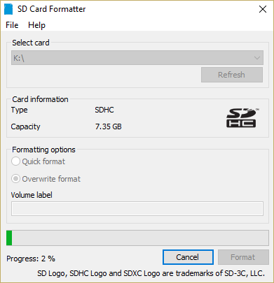 Waxaad arki doontaa daaqada Formatter Card SD kaas oo ku tusi doona heerka qaabaynta kaadhkaaga SD