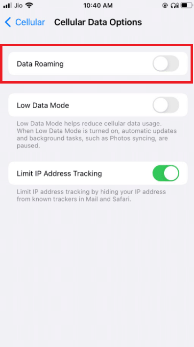 Activate Data Roaming from the same window