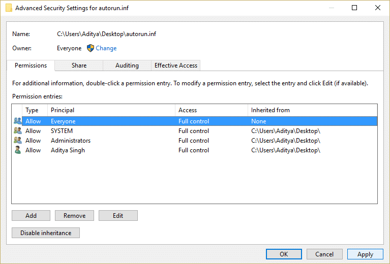 add everyone to permission entry for autorun.inf file in order to delete it