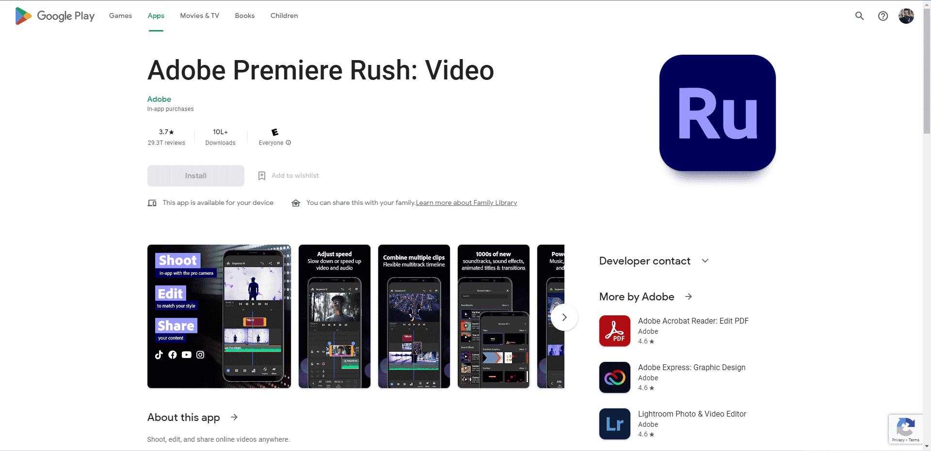 Adobe Premiere Rush Play Store webpage