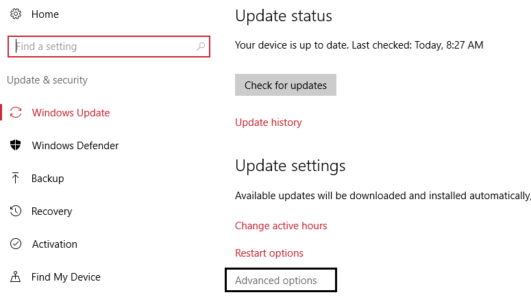 advanced options in windows update