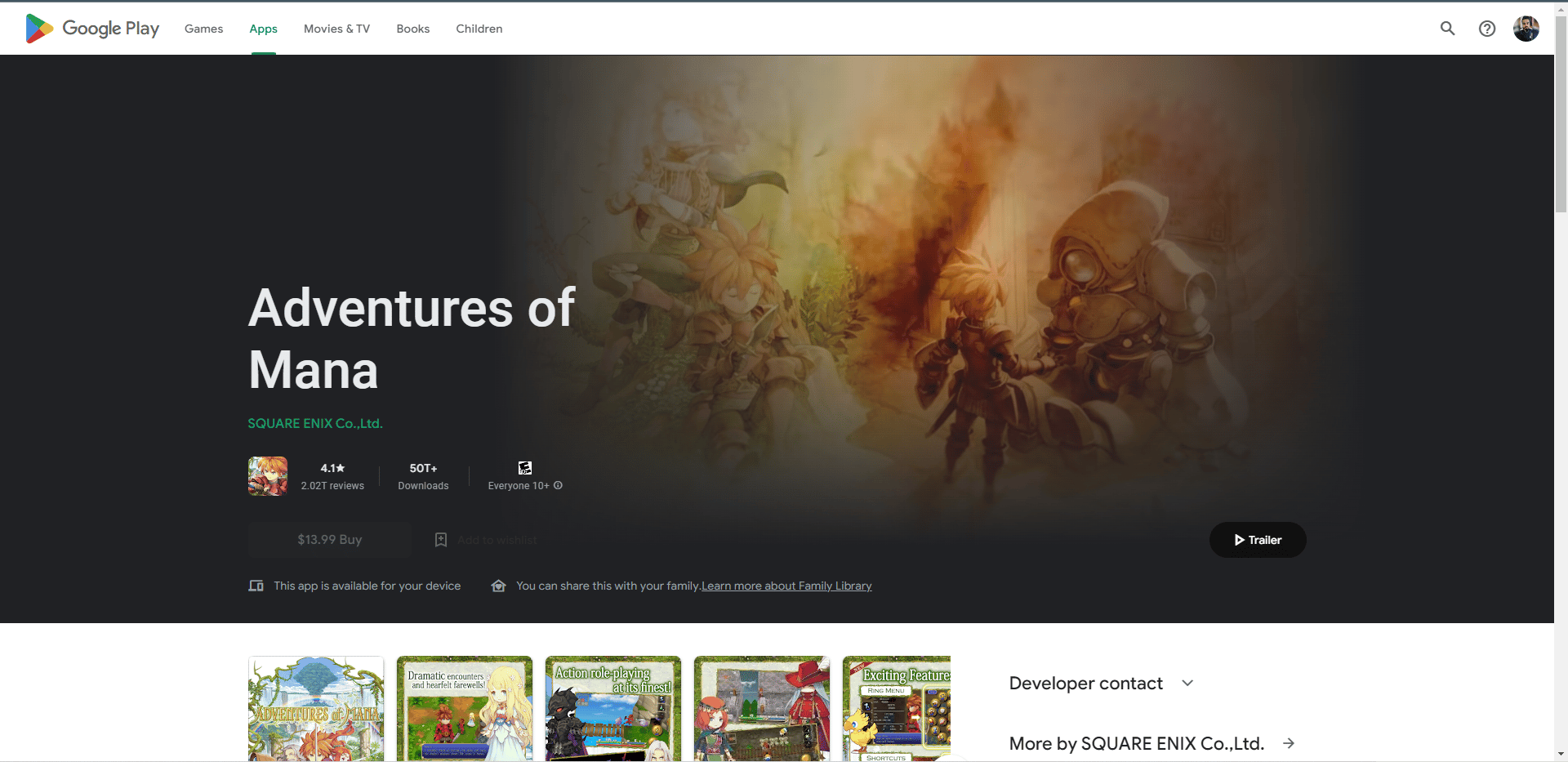 Adventures of Mana play store webpage