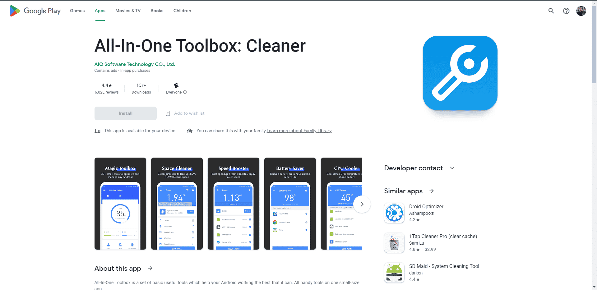 All in one Toolbox Cleaner playstore webpage. Best Phone Cooling Apps for Android and iOS