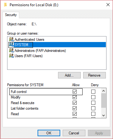 allow full control to system in permissions