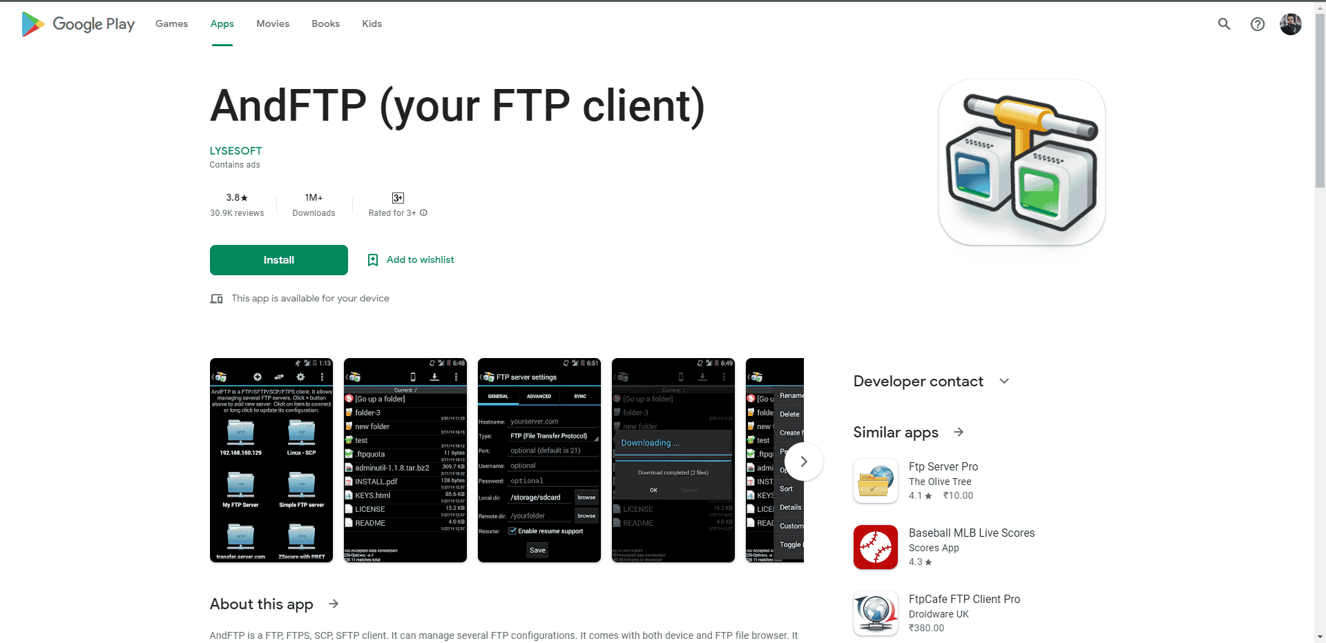 AndFTP Play Store page