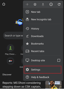 Android Chrome app. Settings highlighted.
