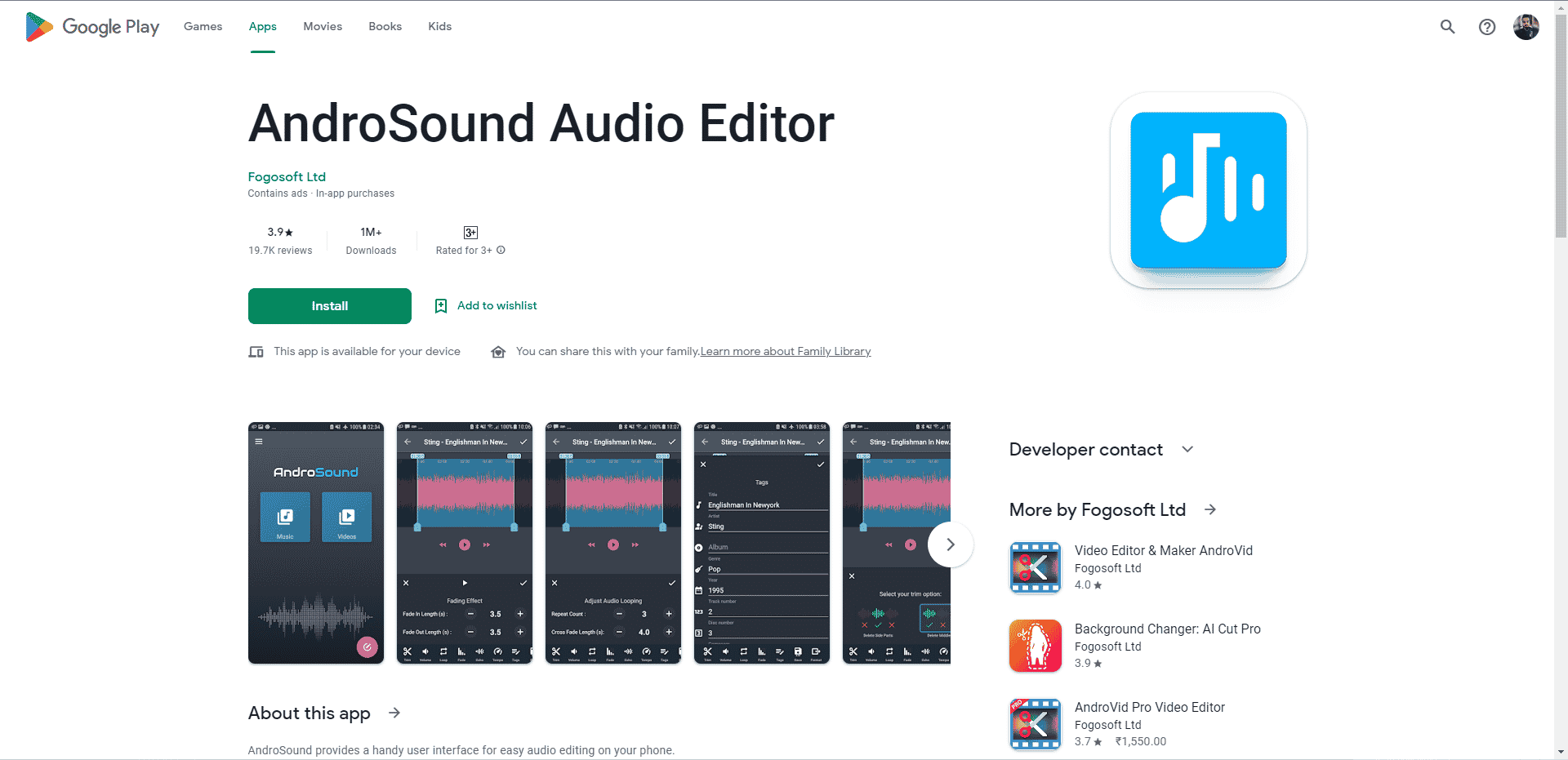 AndroSound Audio Editor Play Store webpage