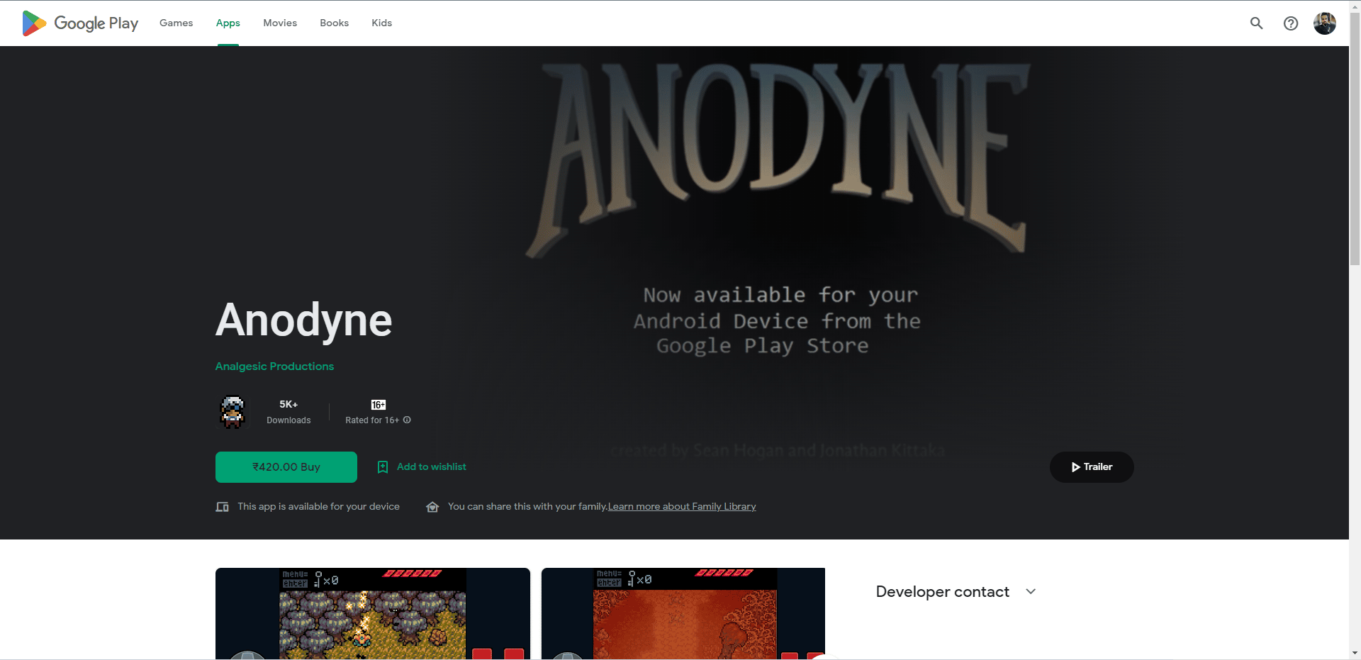 Anodyne Play Store webpage
