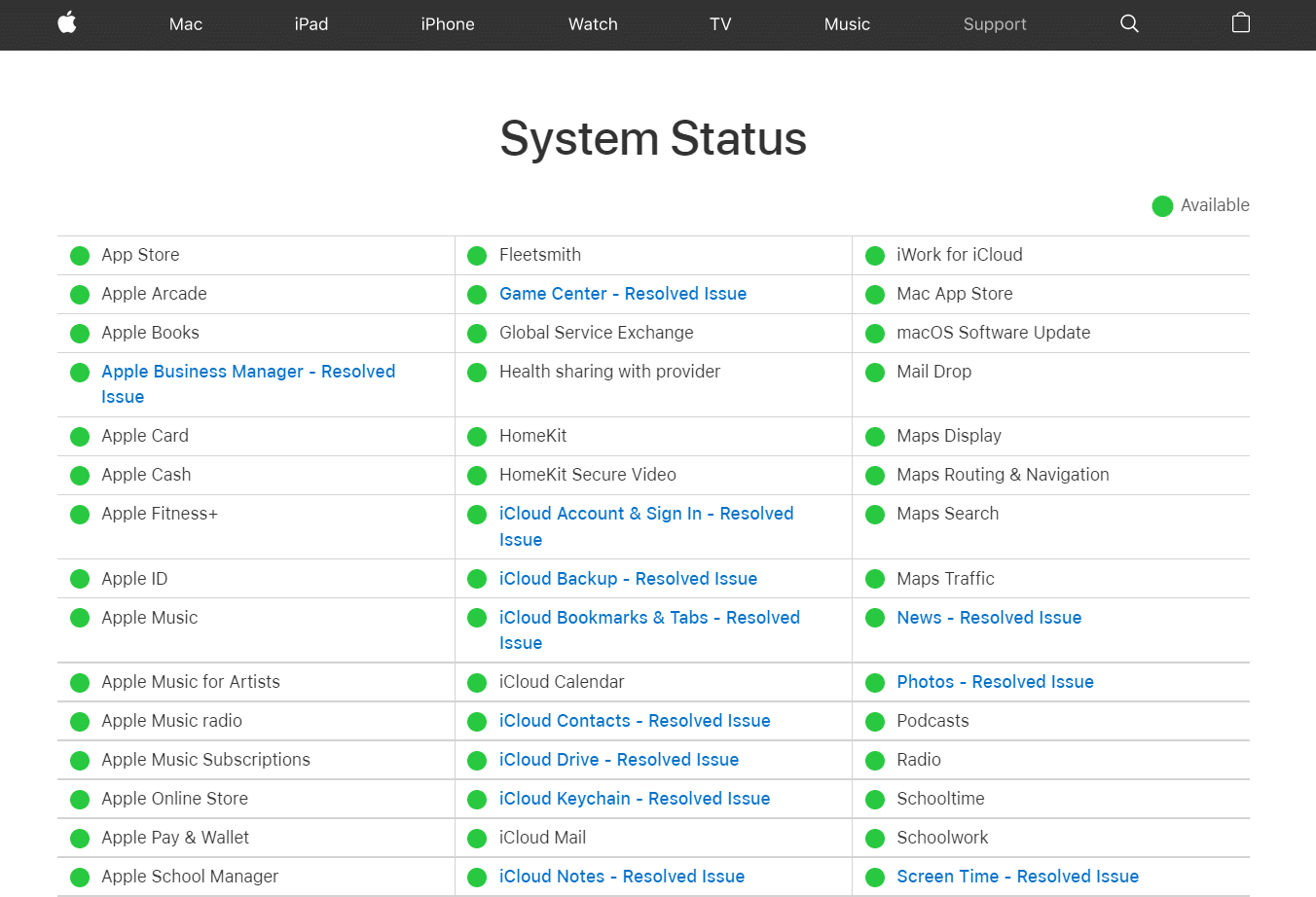 Страница состояния системы поддержки Apple
