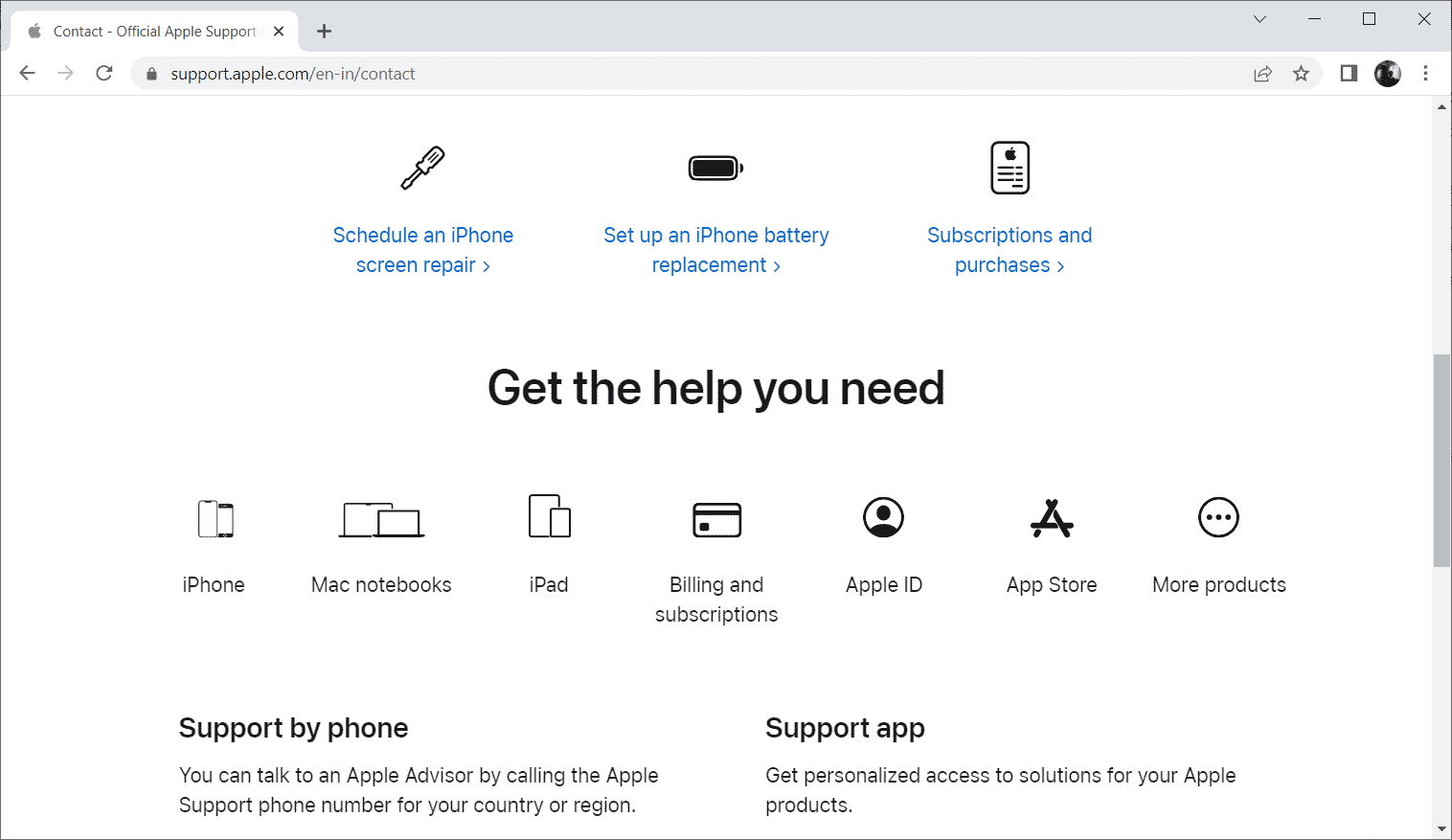 Apple support page
