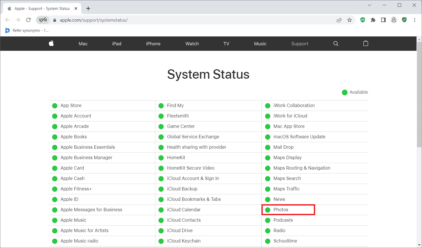 Apple system status check page