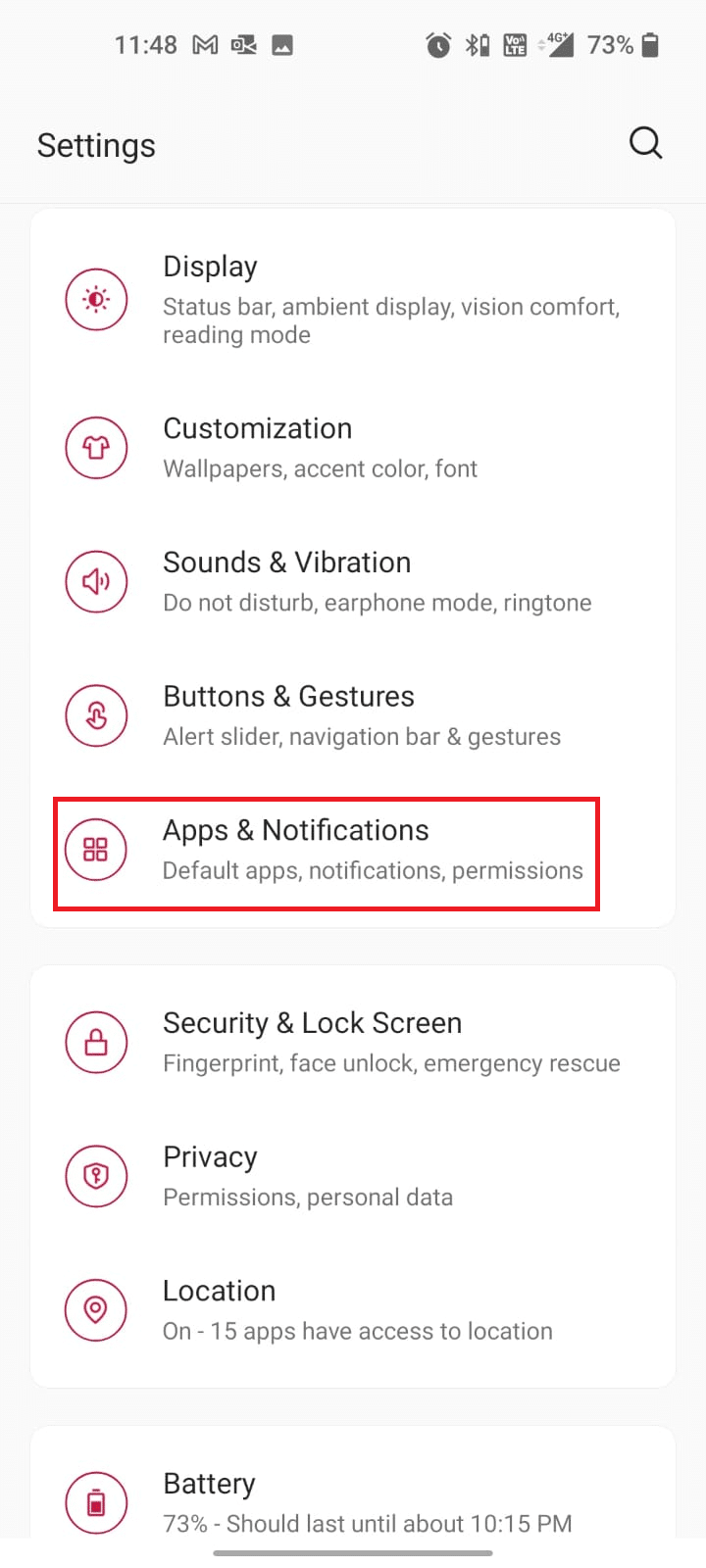 Apps and Notifications option