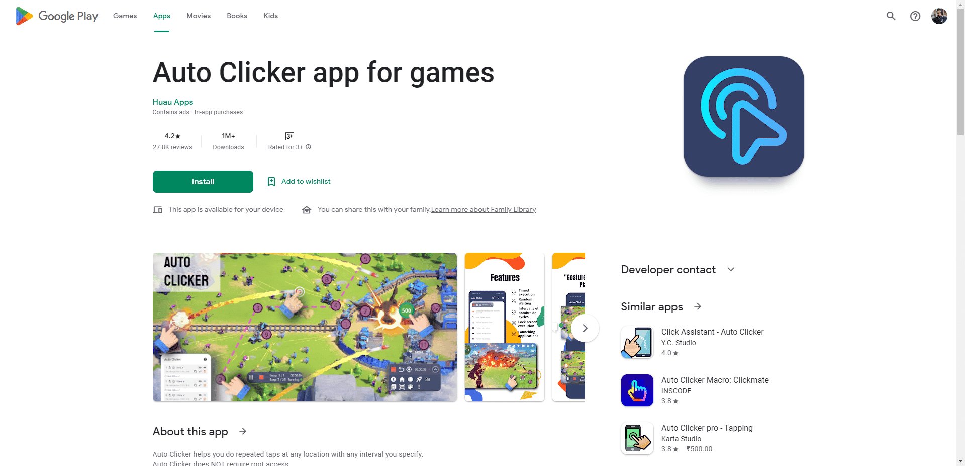 Приложение Auto Clicker для игр Веб-страница Play Store
