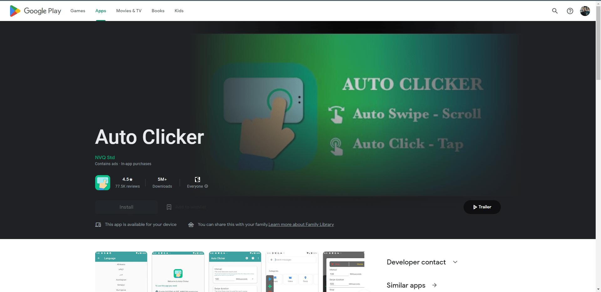 Auto Clicker NVQ Std Play Store webpage