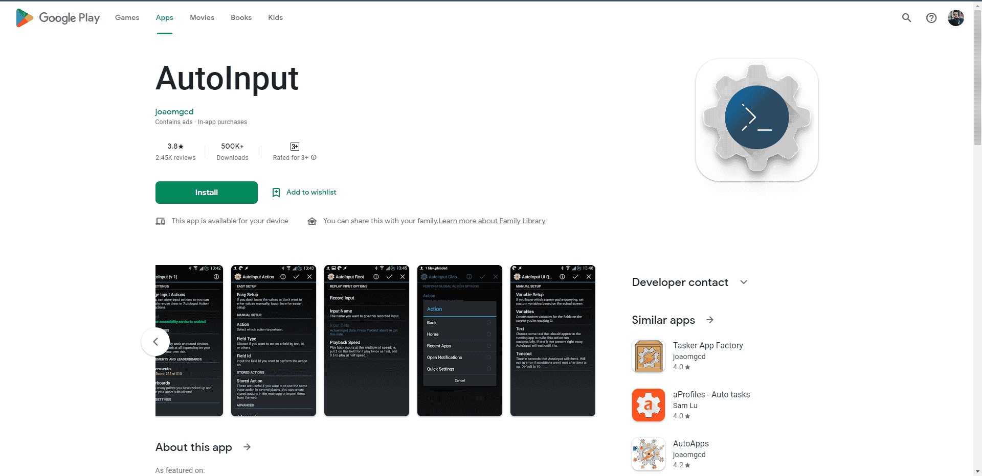 Веб-страница AutoInput Play Store. Лучшие приложения-кликеры для игр для Android