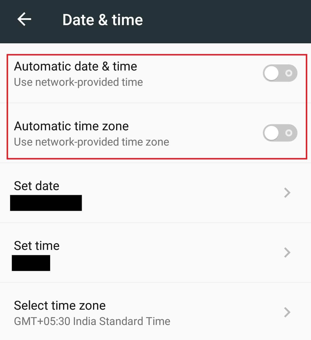 Automatic date and time and Automatic time zone option