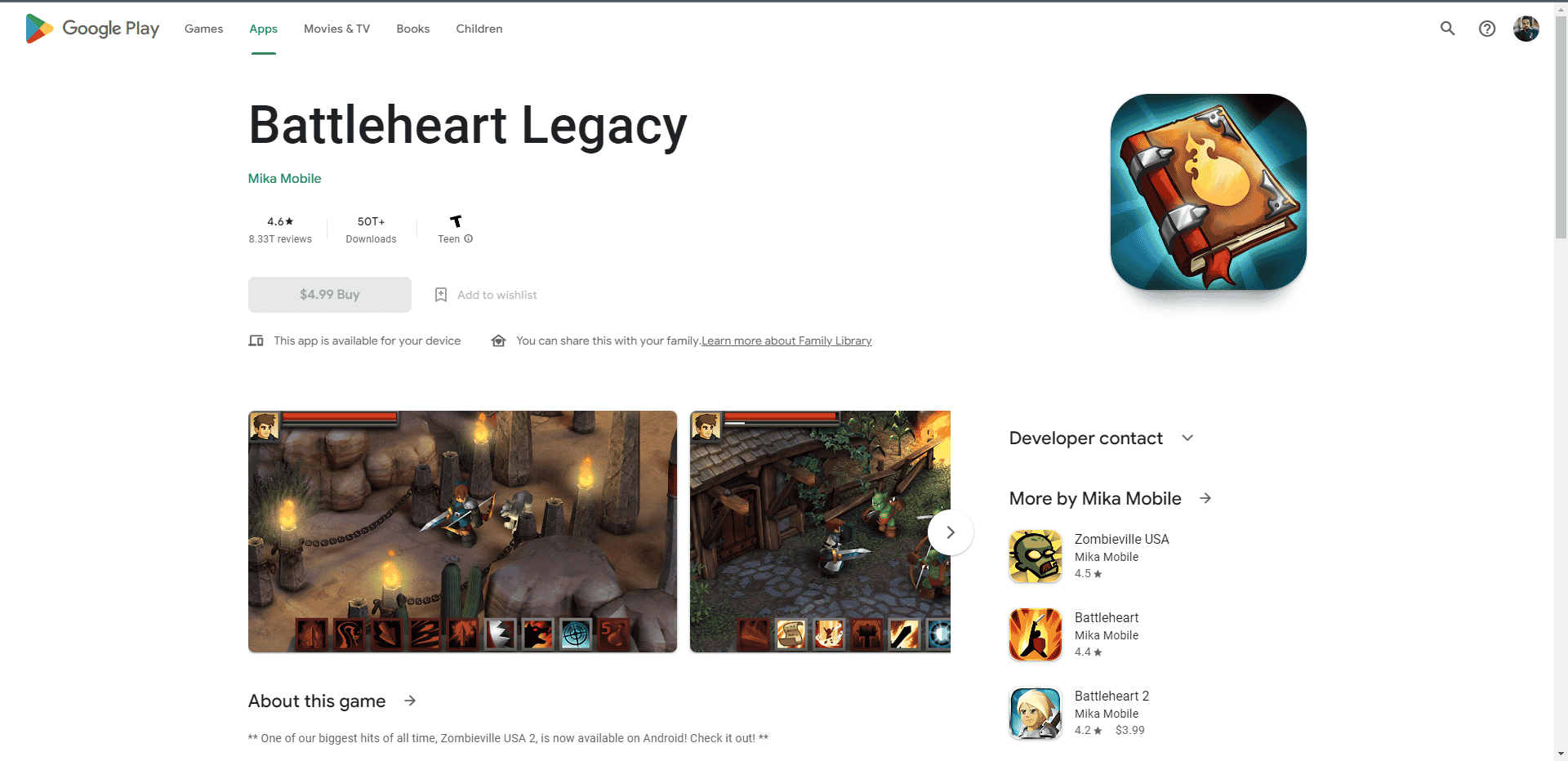 Battleheart Legacy play store webpage
