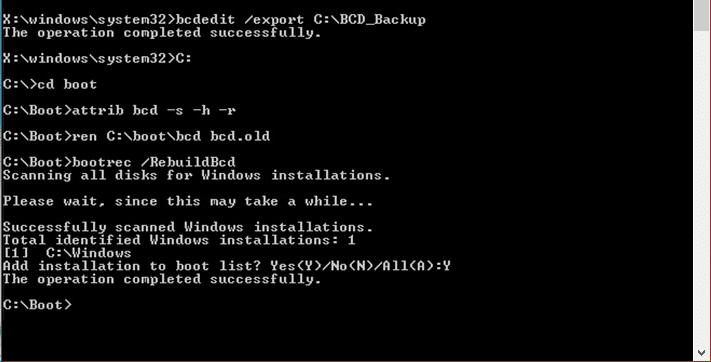 bcdedit backup then rebuild bcd bootrec / Fix Error Code 0xc0000225 in Windows 10
