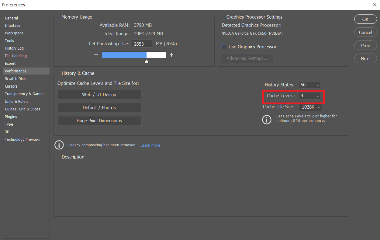 Under the History & Cache section, set the Cache Levels to 4 using the drop-down field | Fix Photoshop Could Not Complete Your Request Error
