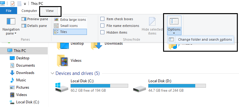 change folder and search options | Clear Your File Explorer Recent Files History in Windows 10