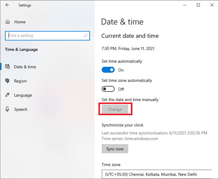 Change the date and time by clicking Change.
