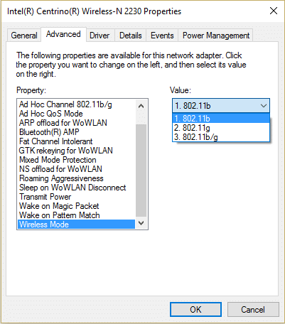 change the value of Wireless Mode to 802.11b or 802.11g | Fix Can't Connect to this network issue in Windows 10