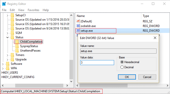 change the value of setup.exe under ChildCompletion from 1 to 3