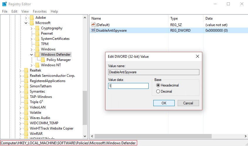 change value of disableantispyware to 1 in order to disable windows defender