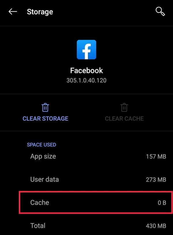 check if the cache size is displayed as 0B.  | How to Fix Facebook Dating is not Working