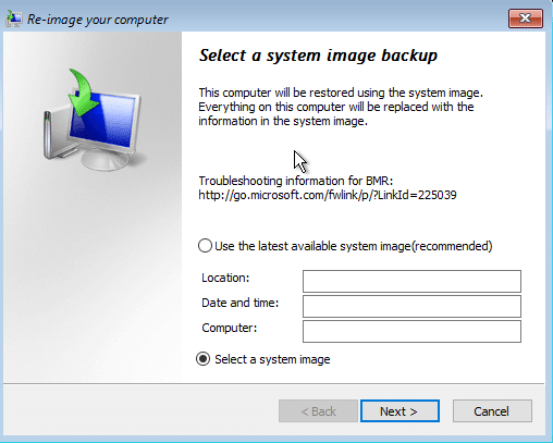 Check mark Select a system image backup
